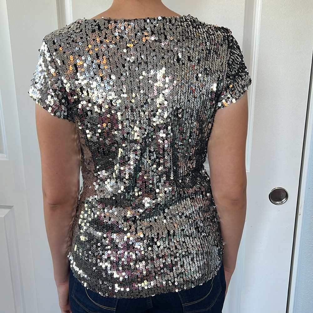 Inc Silver Glam Bling Sequin Basic Tee T Shirt M … - image 4